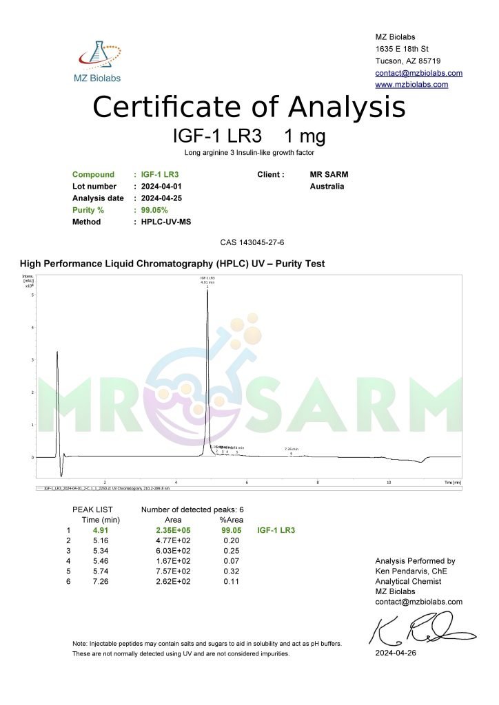 mr sarm australia COA IGF 1 LR3 1mg 2024 04 26 page 001