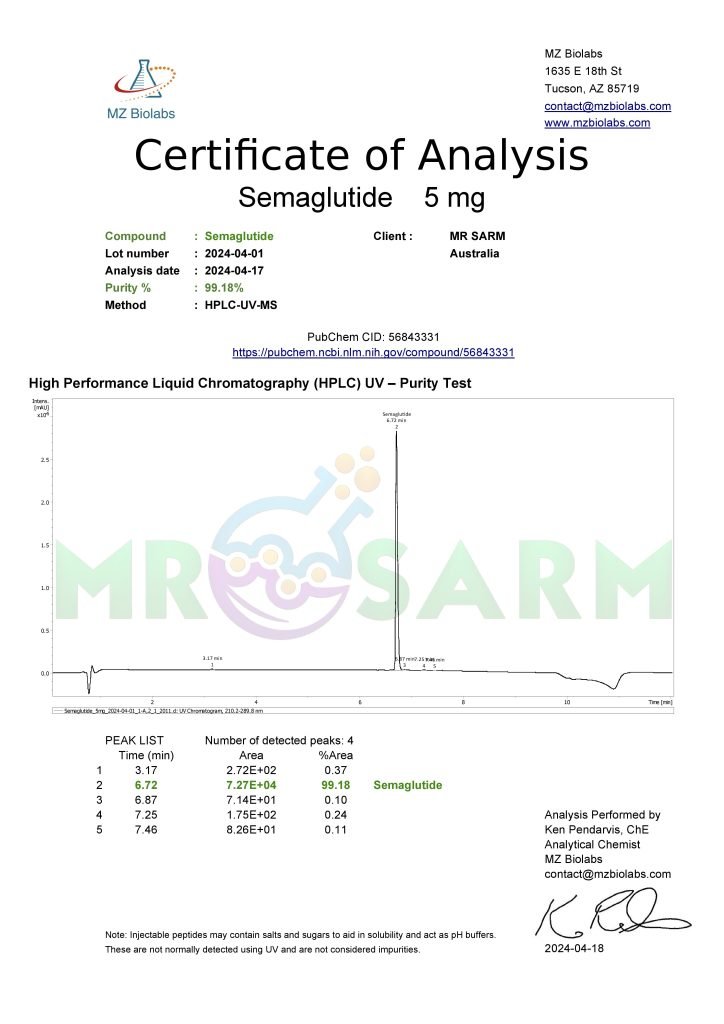 mr sarm australia COA Semaglutide 5mg 2024 04 18 page 001