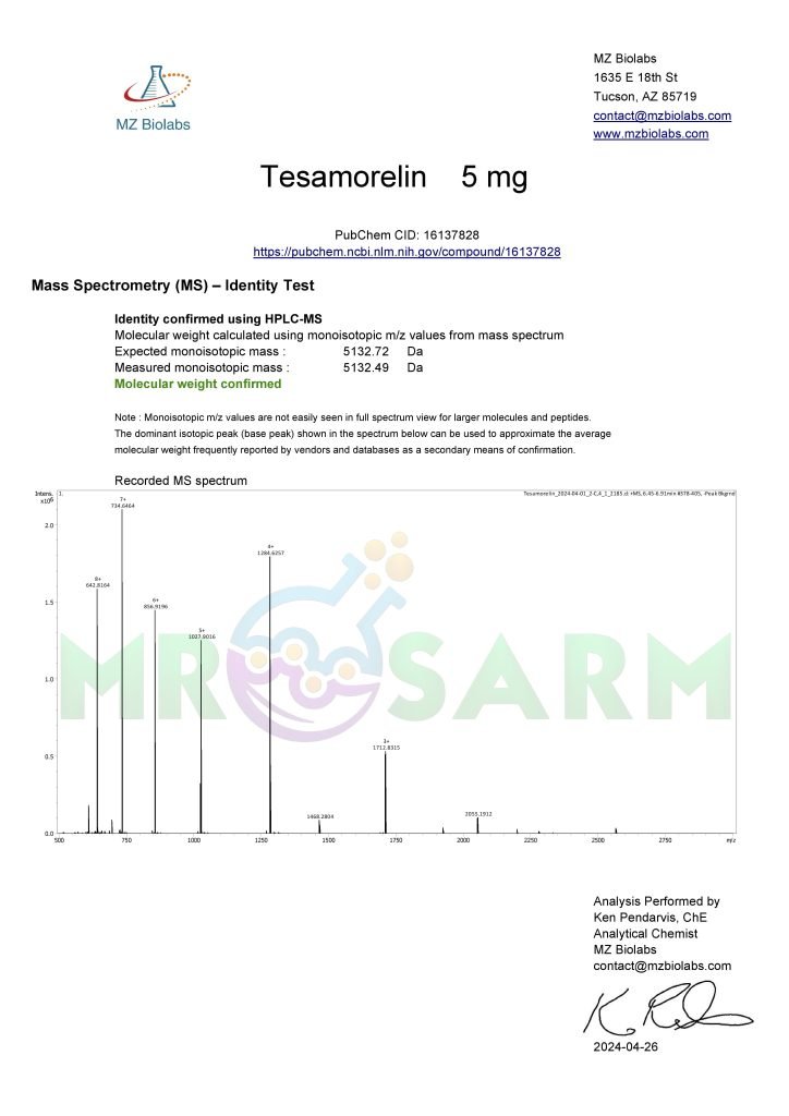 mr sarm australia COA Tesamorelin 5mg 2024 04 26 page 002