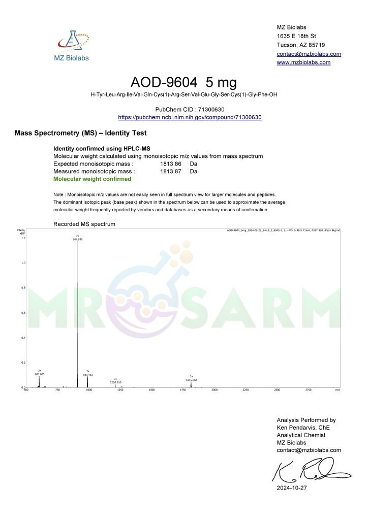 mr sarm australia COA AOD 9604 5mg 2024 10 27 page 002