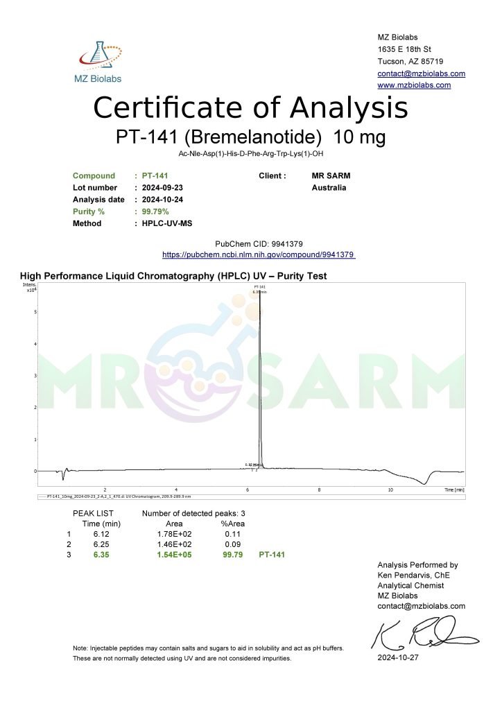 mr sarm australia COA PT 141 10mg 2024 10 27 page 001