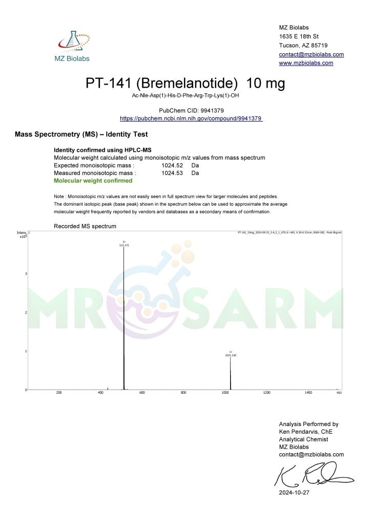 mr sarm australia COA PT 141 10mg 2024 10 27 page 002